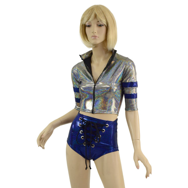 Sporty Silver and Blue Shorts and Top Set with Laceup, Stripes, and Zipper - 4