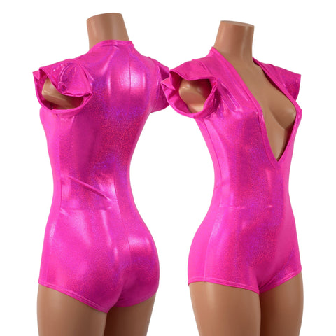 Ready to Ship Plunging V Neck Holographic Romper EXTRA SMALL - Coquetry Clothing