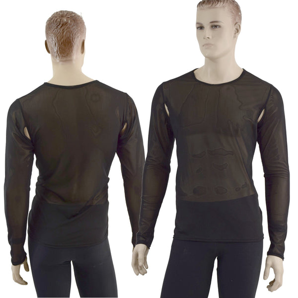 Mens Long Sleeve Black Mesh Shirt with Underarm Cutouts - 1
