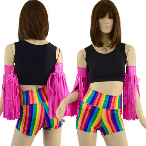 Neon Pink Fringed Wrestling Arm Bands with Slide Ties - Coquetry Clothing