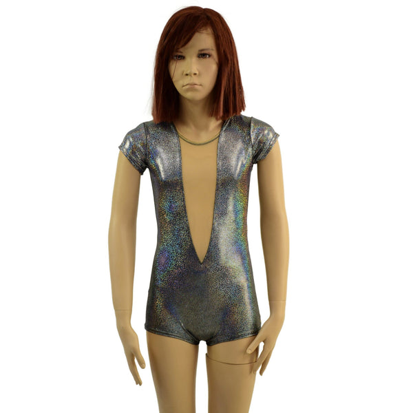 Ready to Ship Girls Silver Holographic Romper with Plunging Mesh Inset Neckline 8 - 2
