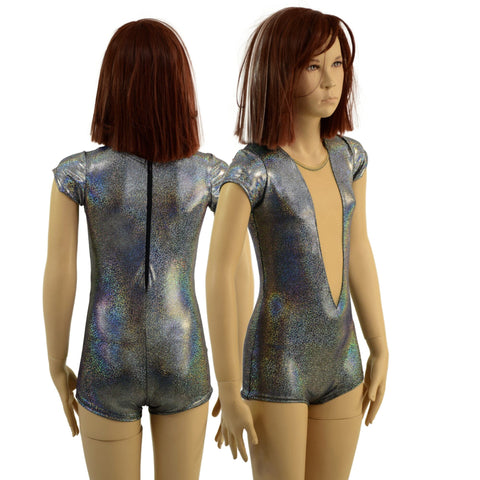 Girls Silver Holographic Romper with Plunging Mesh Inset Neckline - Coquetry Clothing