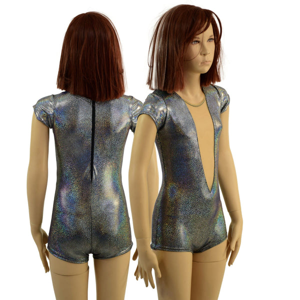 Girls Silver Holographic Romper with Plunging Mesh Inset Neckline - 1