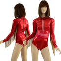 Sparkling Red Romper with Inset Mesh Keyhole and Waistband, and Gold Fringed Sleeves - 1