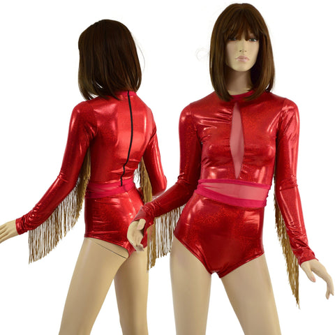 Sparkling Red Romper with Inset Mesh Keyhole and Waistband, and Gold Fringed Sleeves - Coquetry Clothing