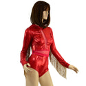 Sparkling Red Romper with Inset Mesh Keyhole and Waistband, and Gold Fringed Sleeves - 2