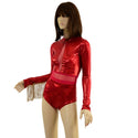 Sparkling Red Romper with Inset Mesh Keyhole and Waistband, and Gold Fringed Sleeves - 5