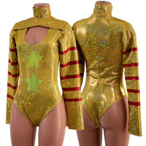 Gold, Red and Green Klown Romper with Brazilian Cut Leg - Coquetry Clothing