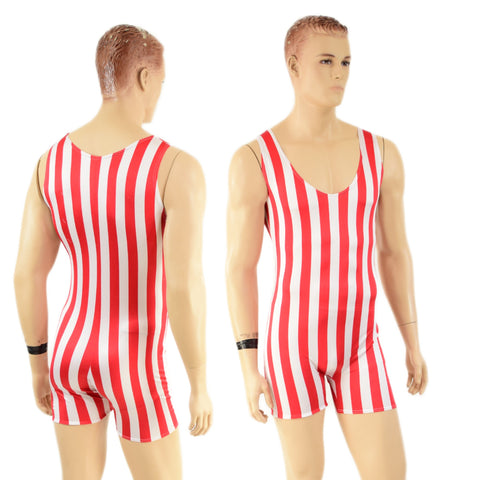 Red and white striped swimsuit on a mannequin against a white background