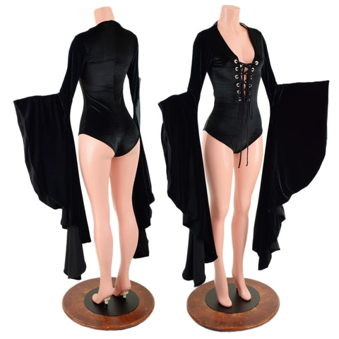 Black Velvet Sorceress Sleeve Romper with Lace Up Neckline