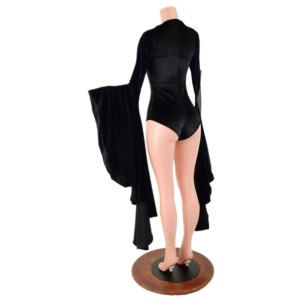 Black Velvet Sorceress Sleeve Romper with Lace Up Neckline - 5