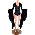 Black Velvet Sorceress Sleeve Romper with Lace Up Neckline - 4