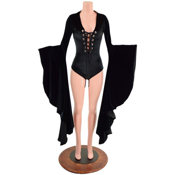 Black Velvet Sorceress Sleeve Romper with Lace Up Neckline - 4