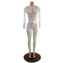 White Kaleidoscope Catsuit with White Mesh Waistband, Keyhole, and Sleeve Details - 6