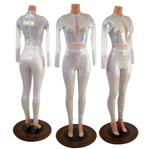 White Kaleidoscope Catsuit with White Mesh Waistband, Keyhole, and Sleeve Details