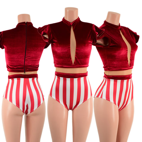 Red Velvet and Cirque Stripes Keyhole Romper with Nude Mesh