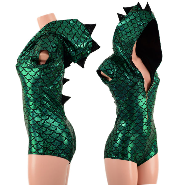 Green & Black Zipper Front Dragon Romper - 1