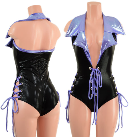 Backless Plunging Romper with Triple Laceup and Showtime Collar