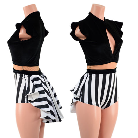 Black Velvet and Stripes Romper with Keyhole Neckline and Mini Tux Back Tails