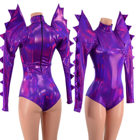 Spiked Mega Sharp Shoulder Romper in Grape Holographic