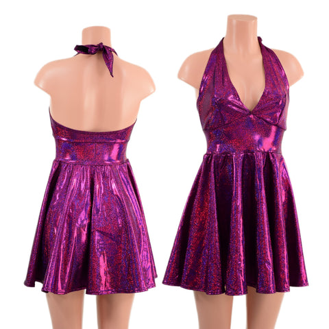 Fuchsia Sparkly Jewel Halter Skater Dress
