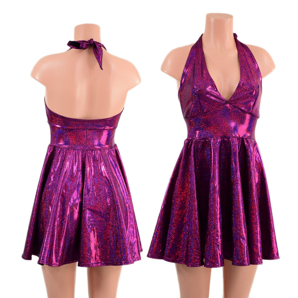 Fuchsia Sparkly Jewel Halter Skater Dress - 1