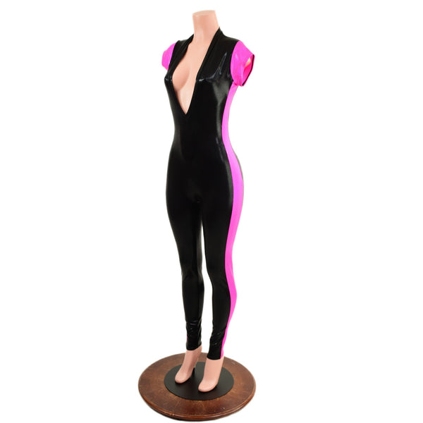 Black Mystique Side Panel Catsuit with Plunging V Neckline - 7