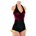 Backless Romper with Hip Ruffles in Burgundy and Black Velvet, with Gold Trim - 6