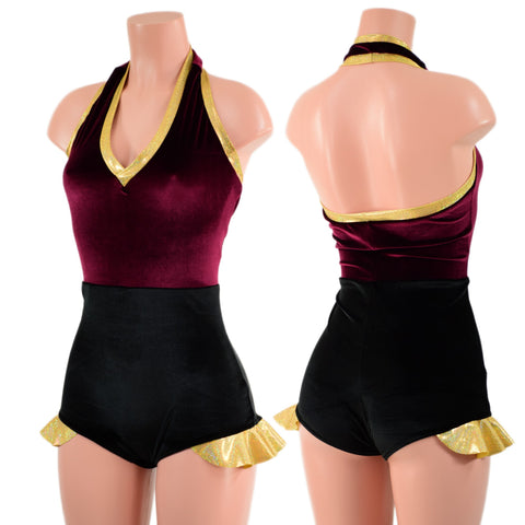 Backless Romper with Hip Ruffles in Burgundy and Black Velvet, with Gold Trim
