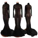 Black Mesh Zipper Back Gown with Long Sleeves, Turtleneck and Puddle Train - 1