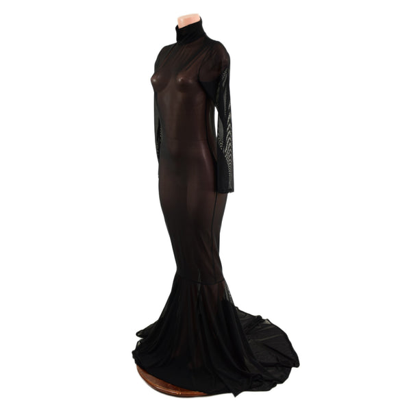 Black Mesh Zipper Back Gown with Long Sleeves, Turtleneck and Puddle Train - 5