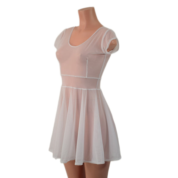 Sheer White Mesh Cap Sleeve Skater Dress - 3
