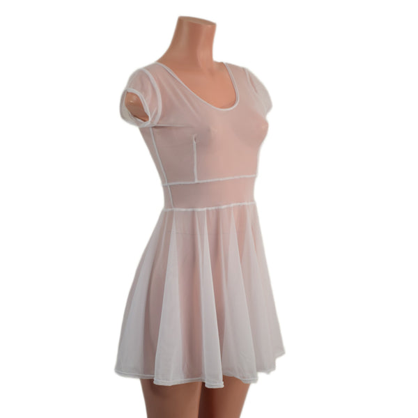 Sheer White Mesh Cap Sleeve Skater Dress - 4