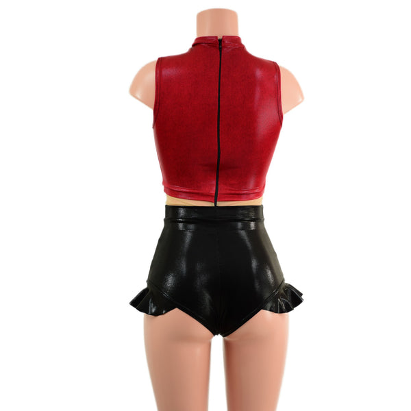 Black Mystique, Coagulant Red and Nude Mesh Romper with Inset Keyhole Neckline - 3