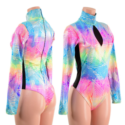 Spectrum Romper with Brazilian Cut Leg, Mesh Side Panels and Inset Keyhole