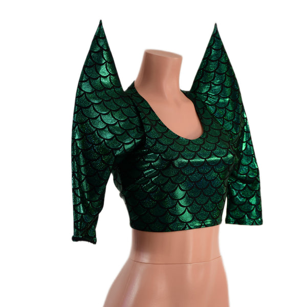 Green Scale Sharp Shoulder Crop Top - 1