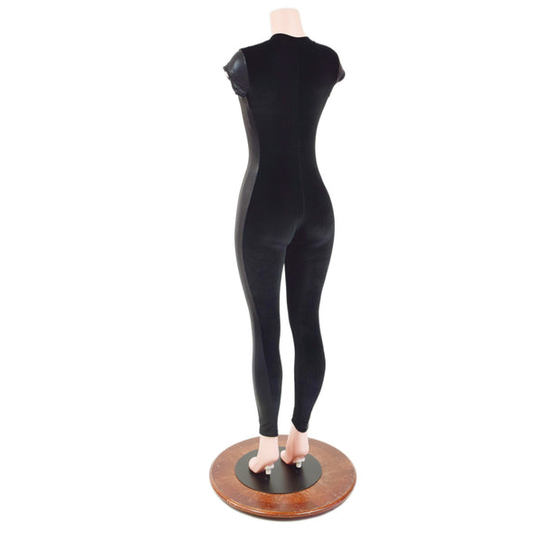 Black Velvet Catsuit with Black Mystique Side Panels and Plunging V Neckline - 4