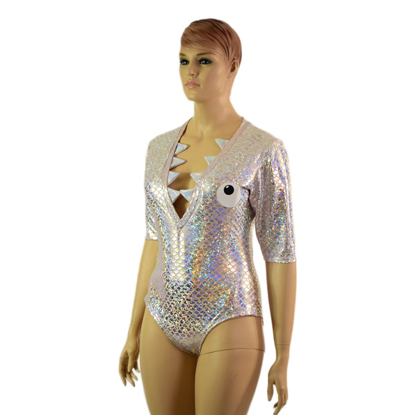 Silver and Pink Fish Scale Romper with Shark Bite Neckline - 1