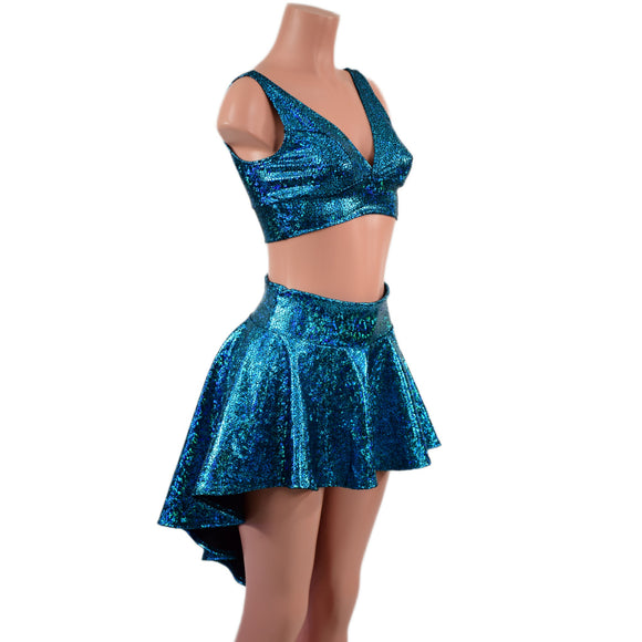 2PC Starlette Bralette and Hi Lo Skirt Set in Turquoise on Black Shattered Glass