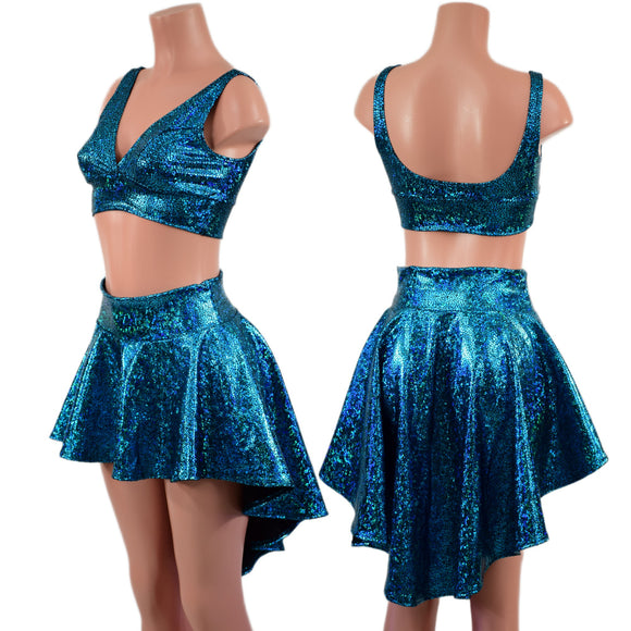 2PC Starlette Bralette and Hi Lo Skirt Set in Turquoise on Black Shattered Glass