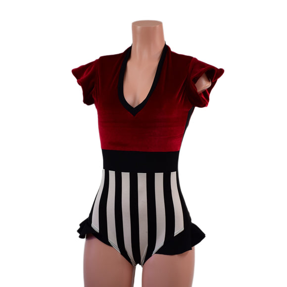 Circus Stripes and Red Velvet Flip Sleeve Paneled Romper