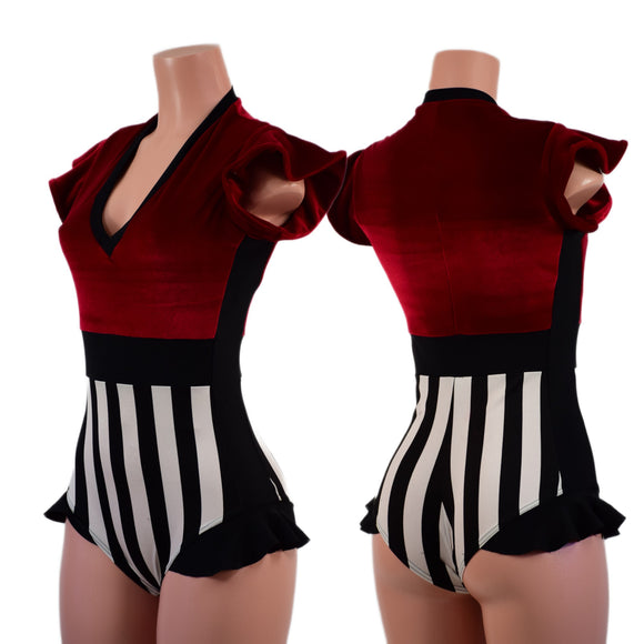 Circus Stripes and Red Velvet Flip Sleeve Paneled Romper