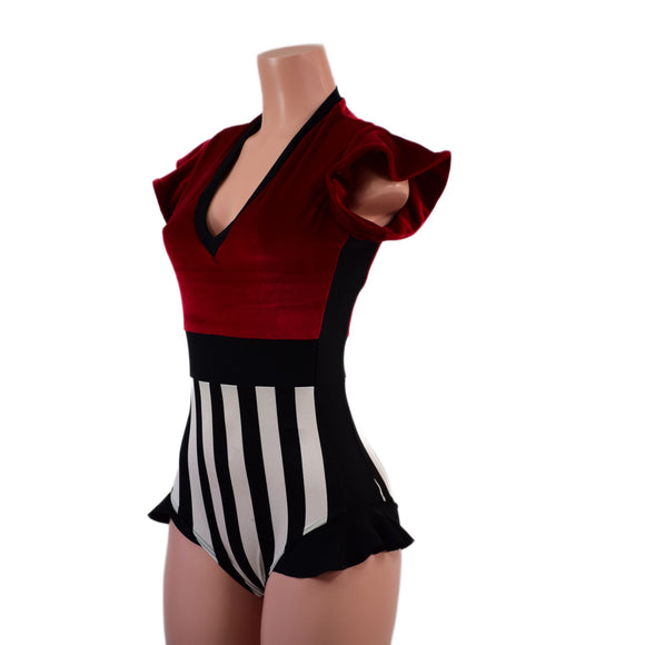 Circus Stripes and Red Velvet Flip Sleeve Paneled Romper