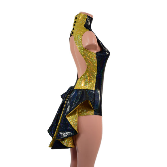 Backless Gold and Black Color Blocked Romper with Mini Tux Tails