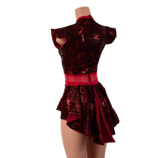 Primeval Red Romper with Inset Mesh Keyhole Neckline and Mini Tux Back Tails - 2