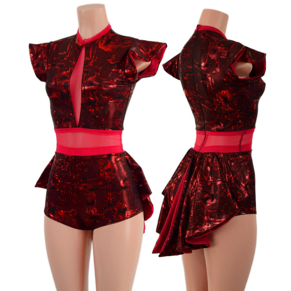Primeval Red Romper with Inset Mesh Keyhole Neckline and Mini Tux Back Tails - 1