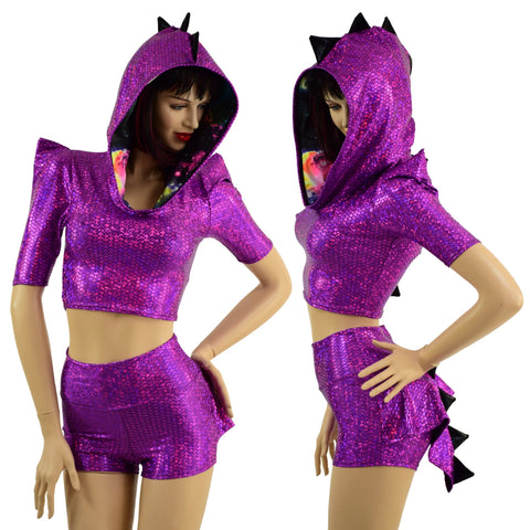Dragon Hooded Crop Top and High Waist Shorts with Mini Dragon Tail Ruffle Rump - Coquetry Clothing