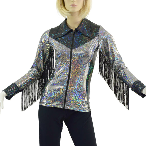 Silver and Black Kaleidoscope Rodeo Shirt with Fringe - 8