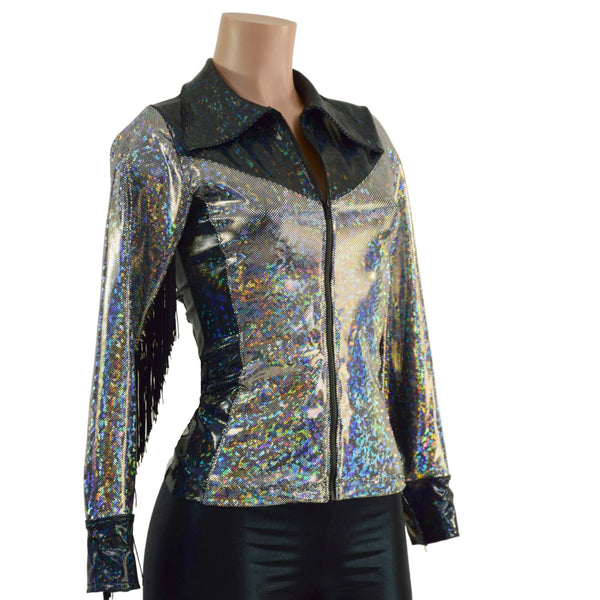 Silver and Black Kaleidoscope Rodeo Shirt with Fringe - 2