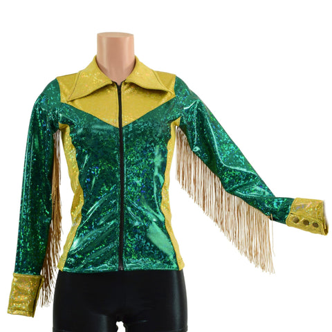 Gold and Green Kaleidoscope Rodeo Shirt with Fringe - Coquetry Clothing